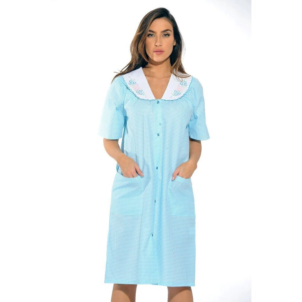 DREAM CREST TURQUOISE WHITE CHECKERED PUCKERED HOUSECOAT ROBE SIZE SMALL NWT